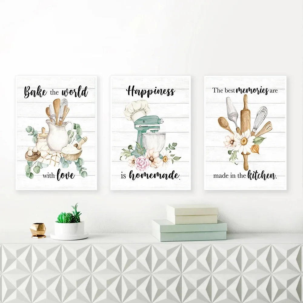 Let's Eat Art Print Kitchen Wall Decor Housewarming Gift Kitchen Utensils Leaf Wall Art Pictures Dining Room Canvas Painting
